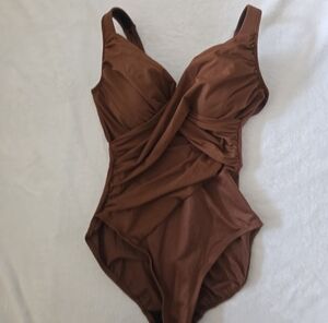 Miraclesuit Revele Brown One-Piece Wrap Swimsuit - Size 10.